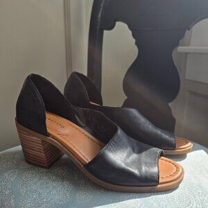 Lucky Brand | Women's Raheema Leather Asymmetrical Heeled Sandal | Black | 8.5